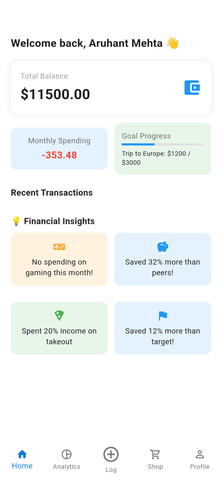 App home screen: balance, spending snapshot, and goal progress card.