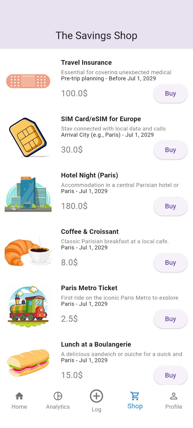 Savings Shop screen: goal-linked items with prices and timing.