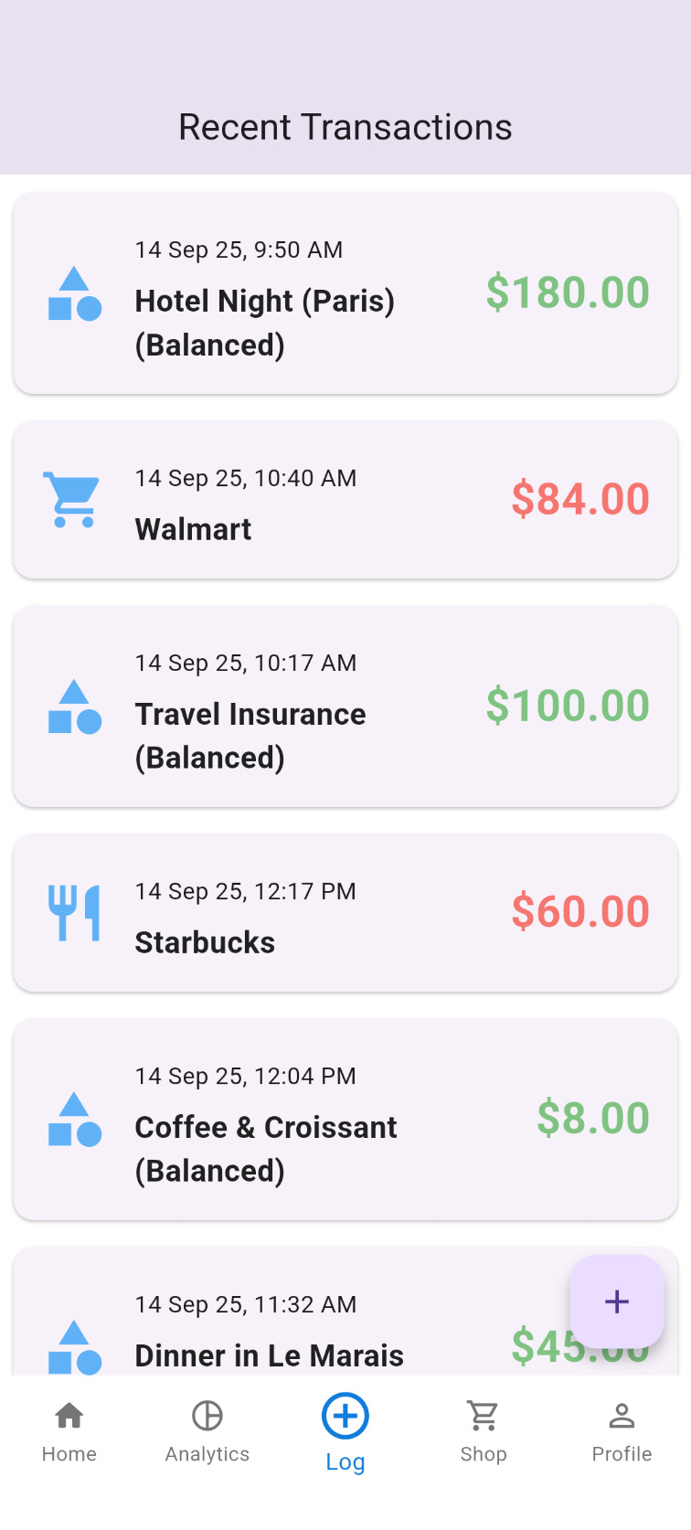 Transaction log screen: recent purchases and amounts.