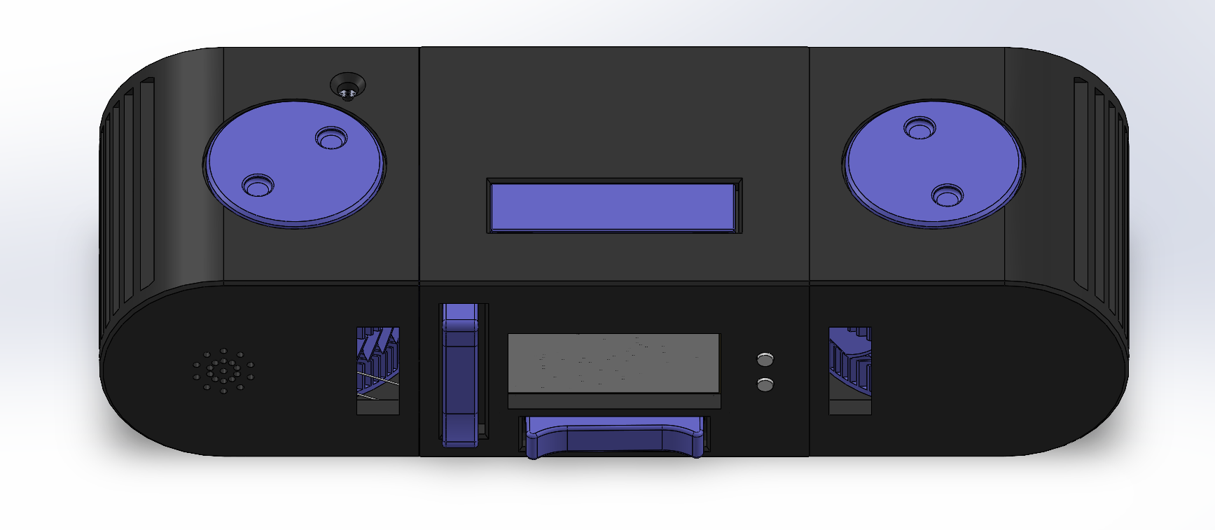Front CAD view: enclosure layout, UI openings, and airflow interface.