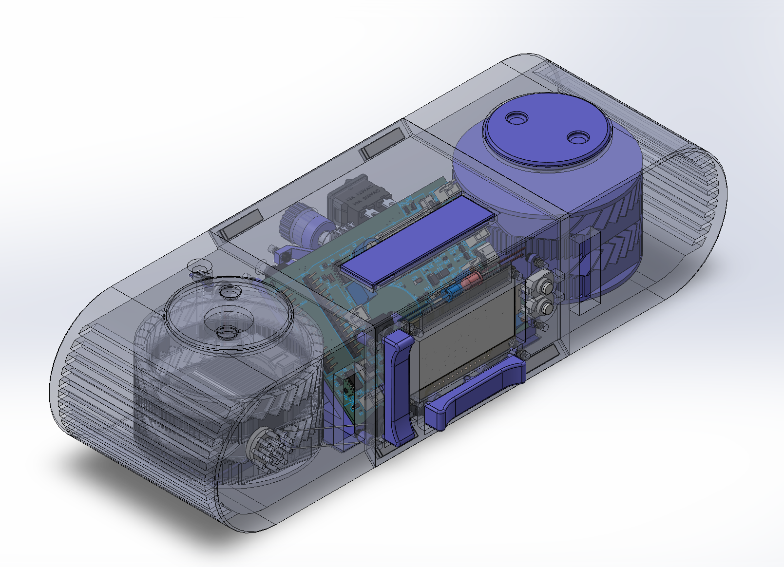 ThermAlarm V2 transparent CAD render showing internal packaging and airflow path